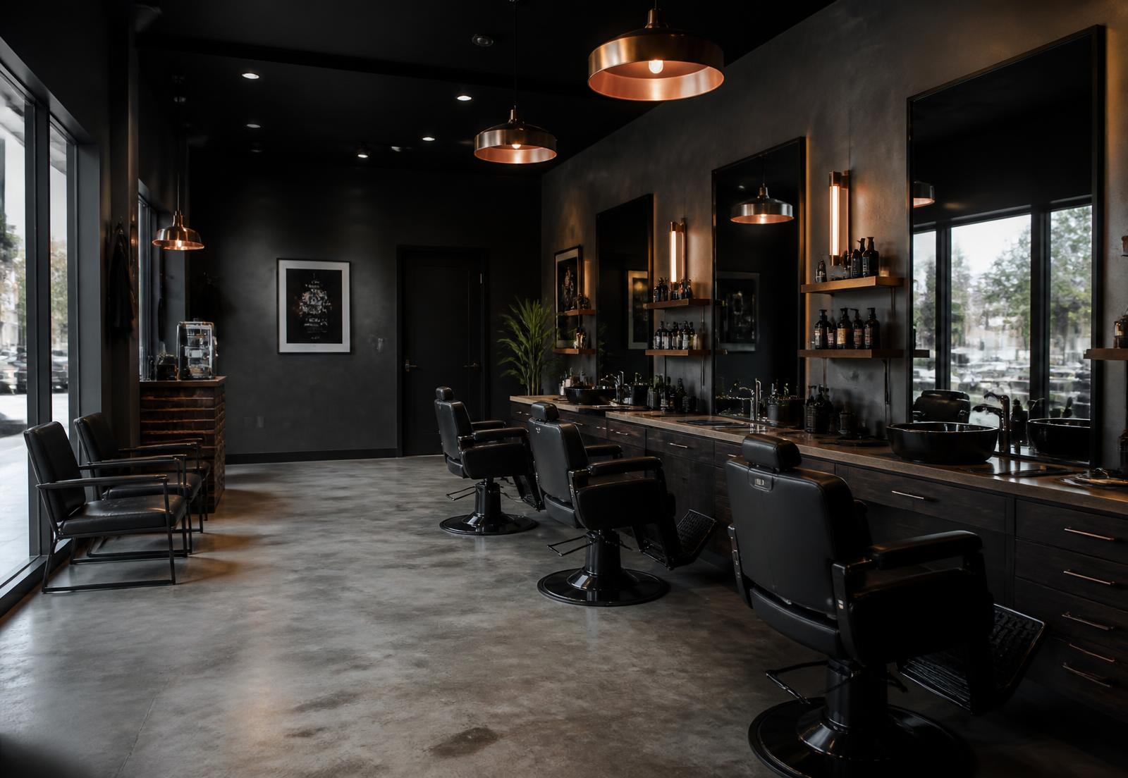 Salão da Barbearia Prime com paredes escuras, cadeiras pretas e luminárias em cobre