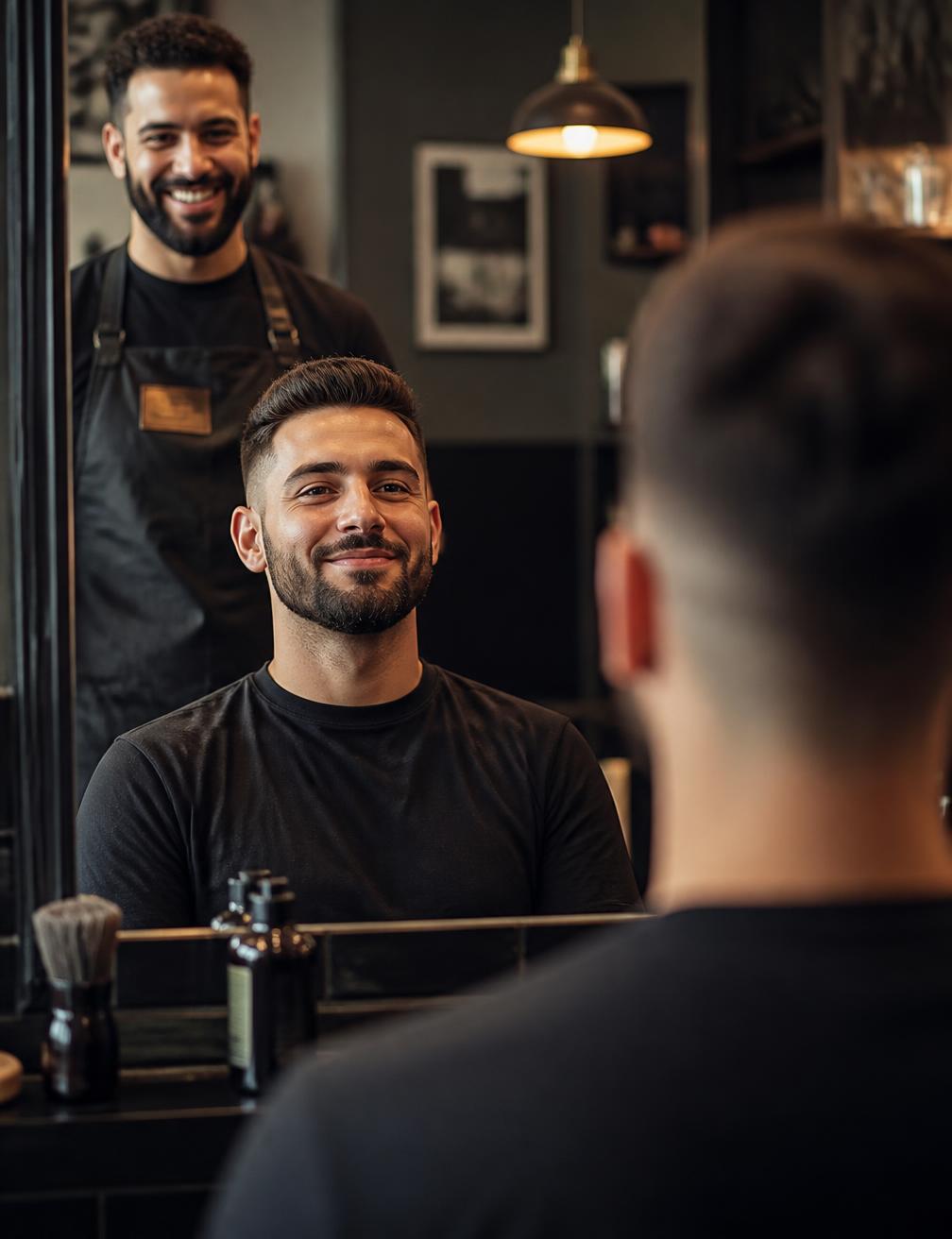 Cliente conferindo o corte finalizado no espelho