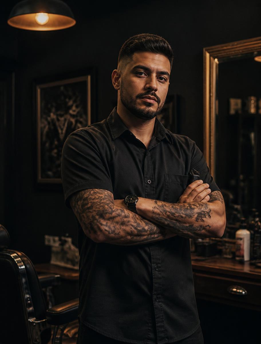 Retrato do barbeiro Lucas Martins em ambiente escuro de barbearia