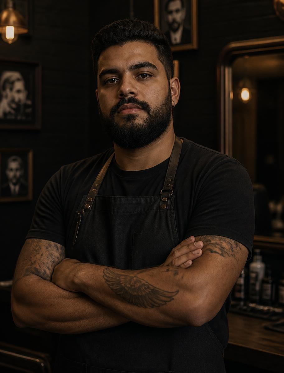 Retrato do barbeiro Rafael Costa usando avental preto