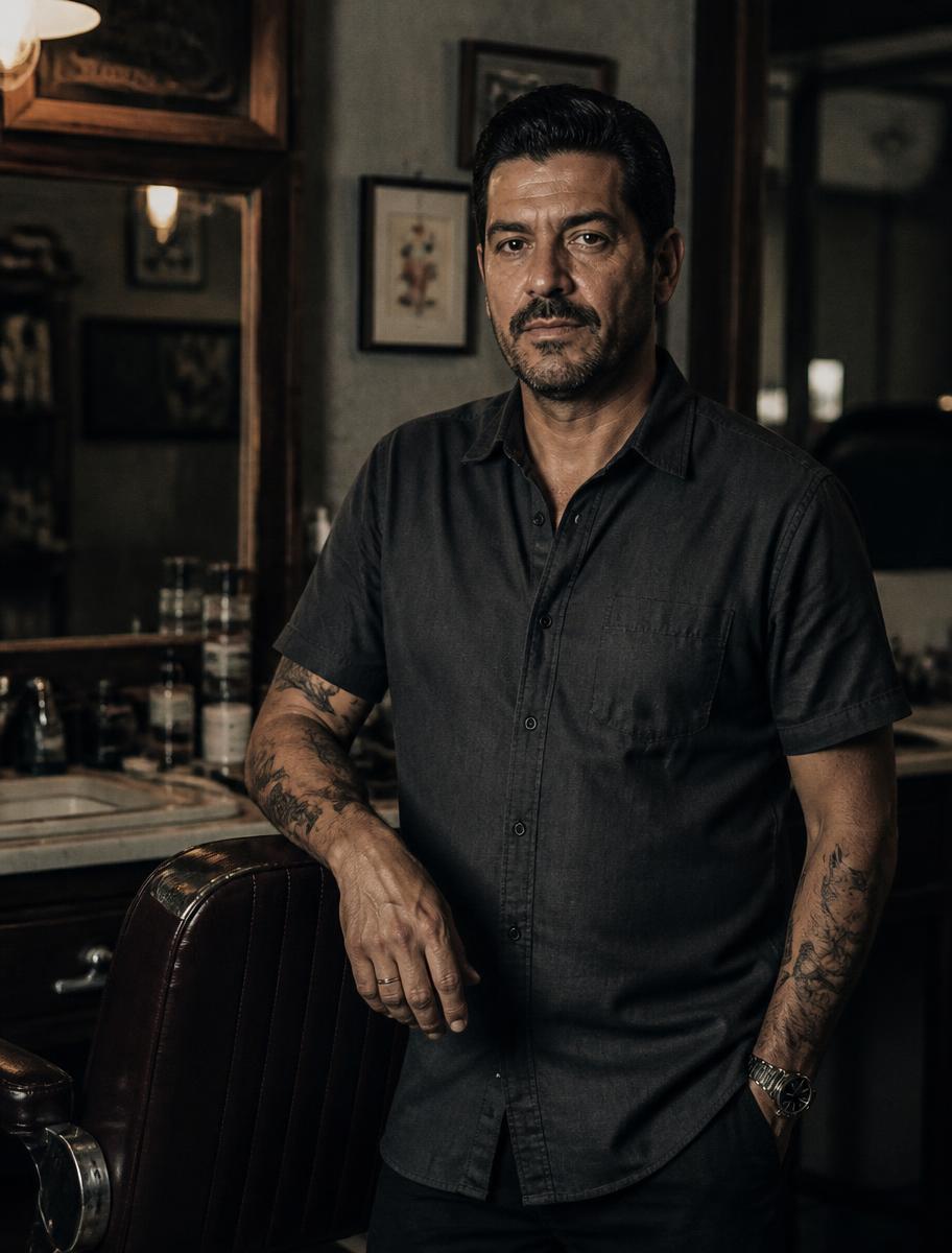 Retrato do barbeiro Gabriel Souza ao lado de uma cadeira de barbeiro